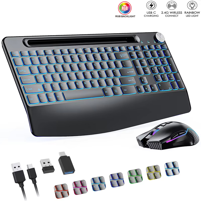 Wrist Rest Ergonomic - 2.4G และ Type-C คีย์บอร์ดไร้สายเมาส์ Combo พร้อมสายรัดข้อมือ,RGB