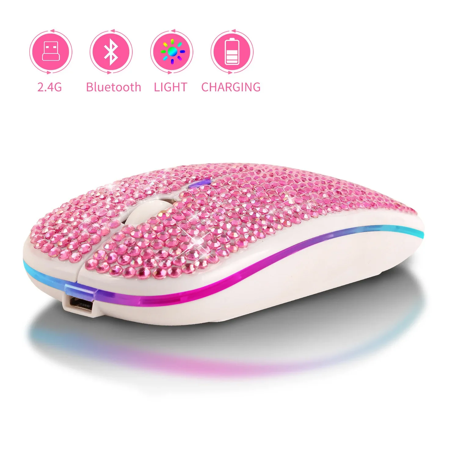 Gaming Accessories Pink - การชาร์จและปิดเสียงเมาส์ Bluetooth Dual Mode แบบประดับเพชรของขวัญอิเล็กทรอนิกส์เมาส์ Bluetooth
