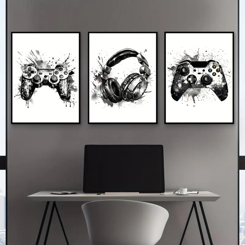 Gaming Accessories Bedroom - ภาพวาดบนผ้าใบไร้กรอบ 3 ชิ้น/ชุด ลายกราฟฟิตี้เกมมิ่ง จอยเกม หูฟัง