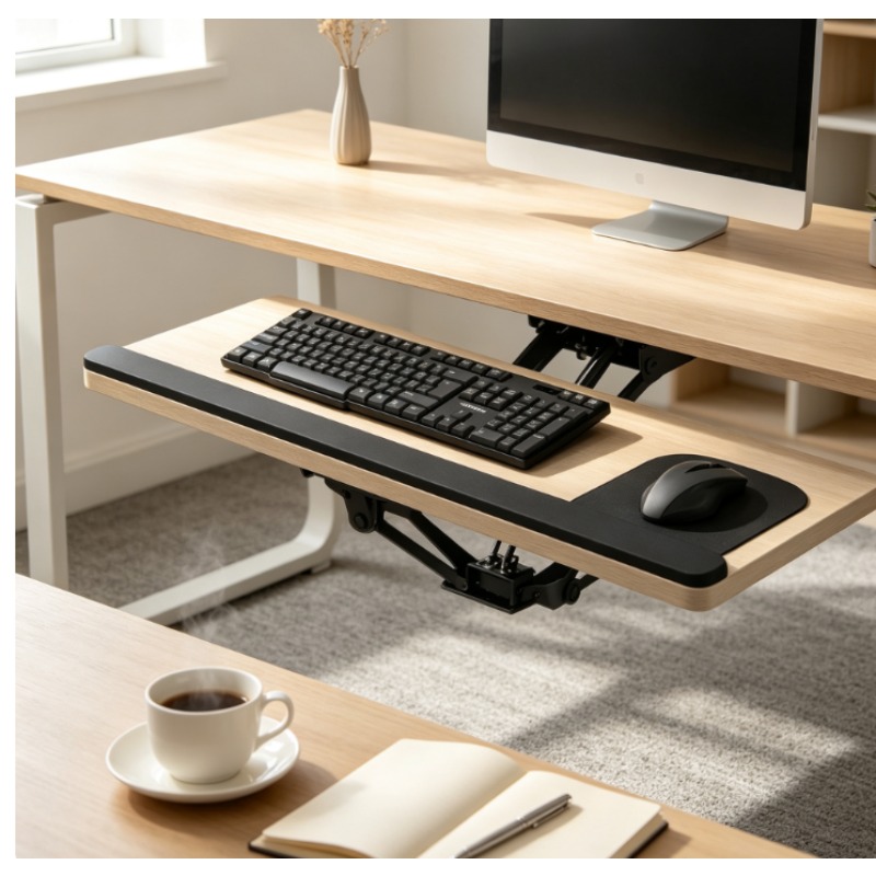 Wrist Rest Ergonomic - ถาดวางคีย์บอร์ดใต้โต๊ะพร้อมแผ่นรองเมาส์ ปรับระดับความสูงได้ตามหลักสรีรศาสตร์และหมุนได้ โครงสร้างแข็งแรงสำหรับใช้งานในโฮมออฟฟิศ