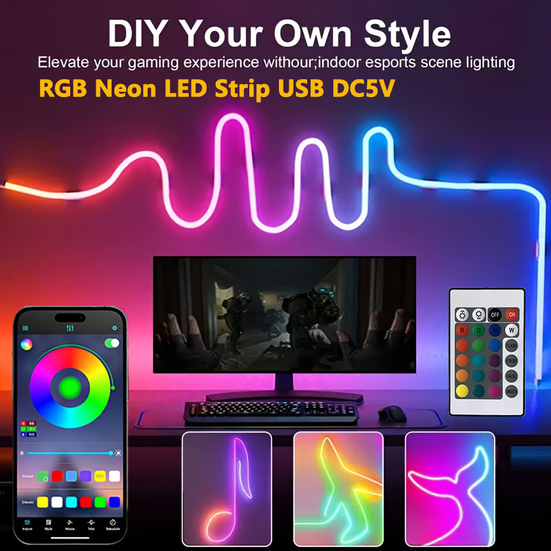 Gaming Accessories Bedroom - ไฟ LED บลูทูธ RGB แบบนีออนกันน้ำ ไฟตกแต่งคริสต์มาสแบบยืดหยุ่น